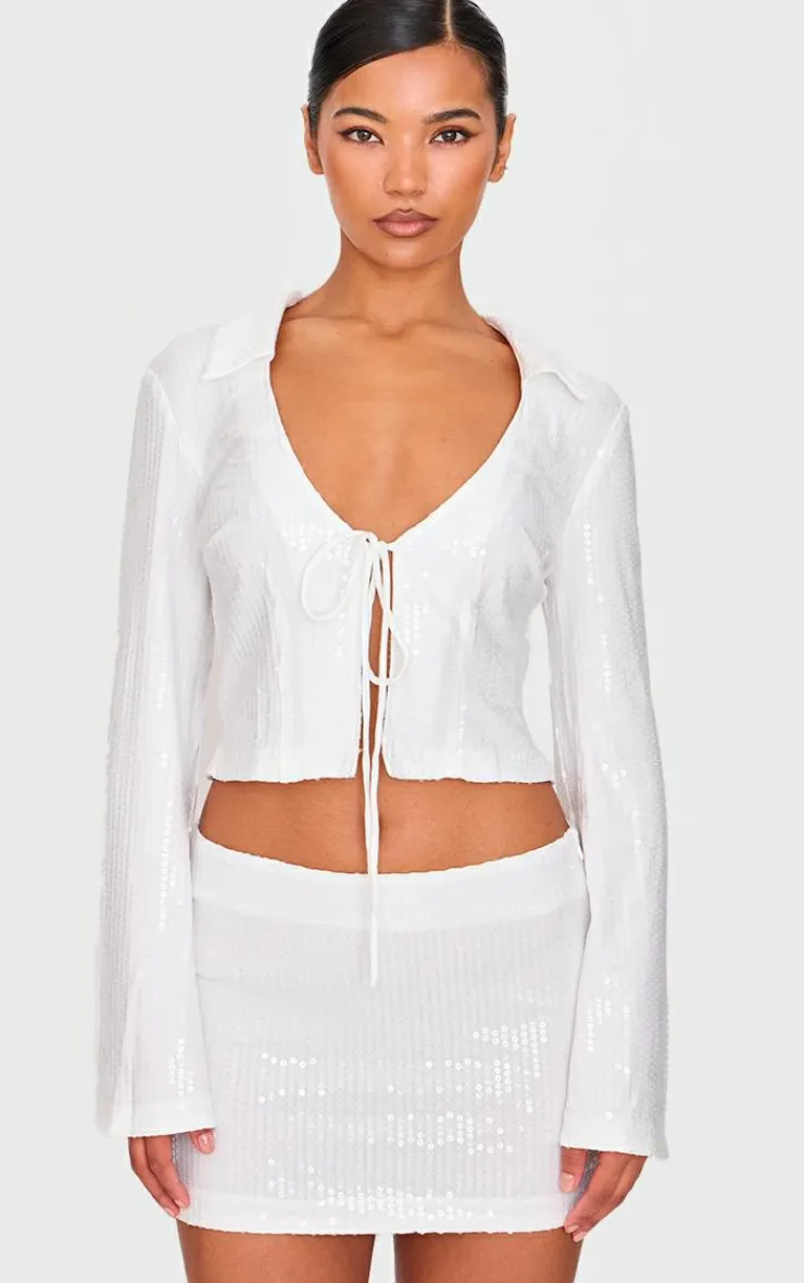 New PrettyLittleThing Sequin Tie Front Detail Long Sleeve Shirt White