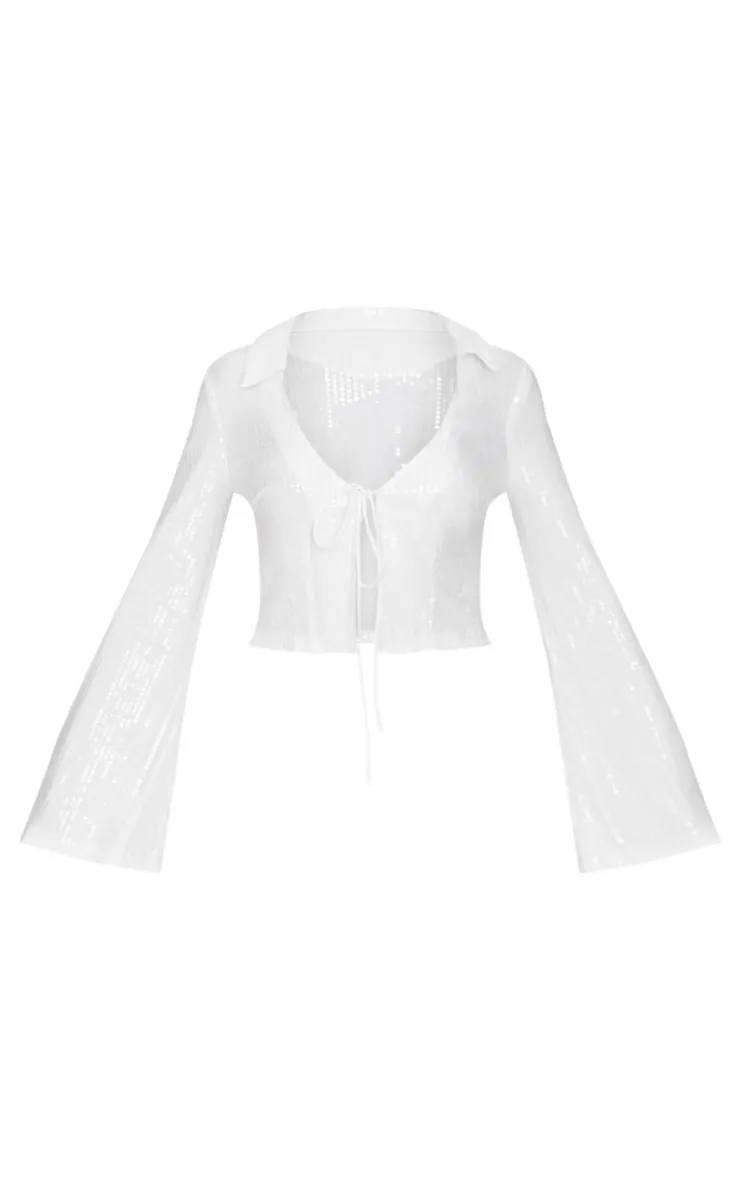 New PrettyLittleThing Sequin Tie Front Detail Long Sleeve Shirt White