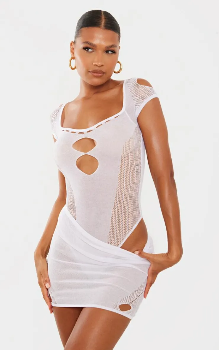 New PrettyLittleThing Sheer Knit Cut Out Panelled Bodysuit White