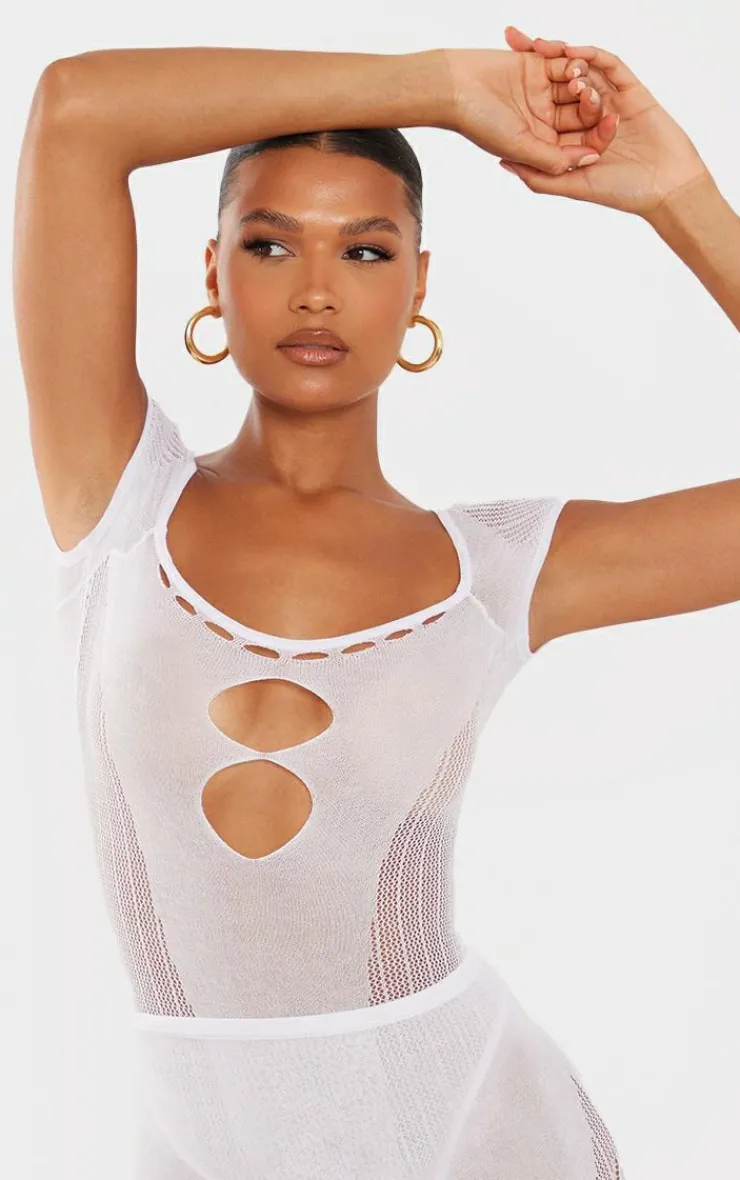 New PrettyLittleThing Sheer Knit Cut Out Panelled Bodysuit White