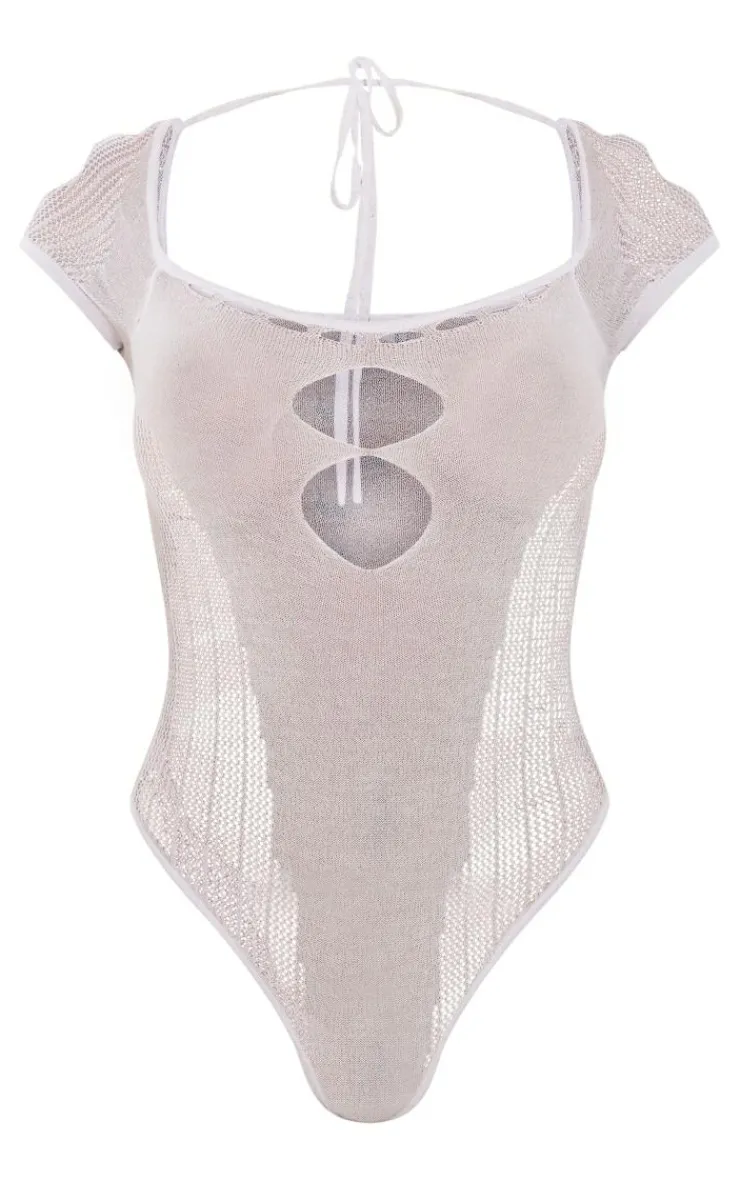 New PrettyLittleThing Sheer Knit Cut Out Panelled Bodysuit White