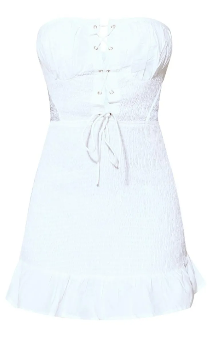Shirred Bandeau Lace Up Detail Shift Dress-PrettyLittleThing Online