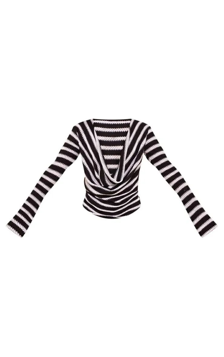 Online PrettyLittleThing Striped Textured Rib Long Sleeve Drape Front Top White