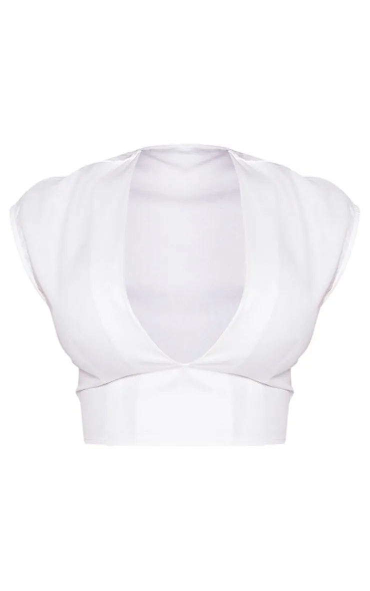 Online PrettyLittleThing Tailored Woven Plunge Cap Sleeve Top White