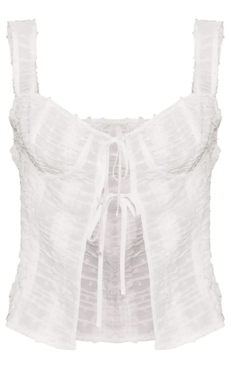 Clearance PrettyLittleThing Textured Chiffon Frill Tie Front Long Top White