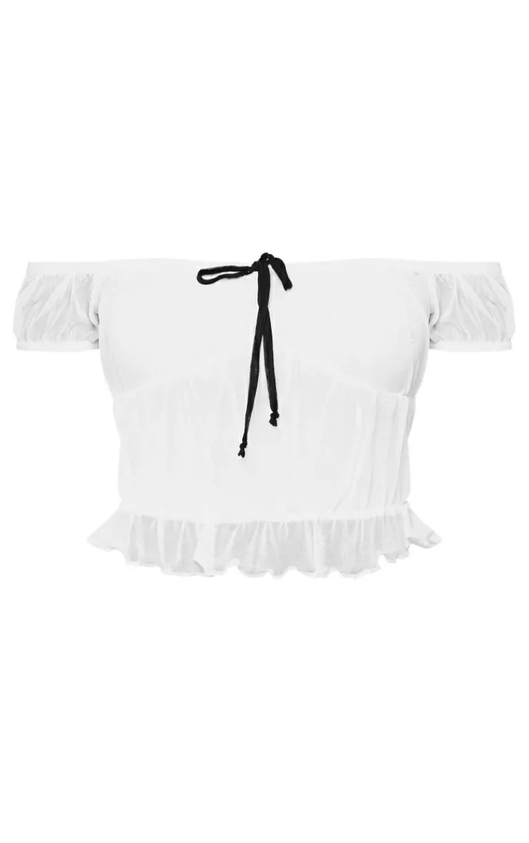 Clearance PrettyLittleThing Textured Mesh Off The Shoulder Bow Detail Crop Top White