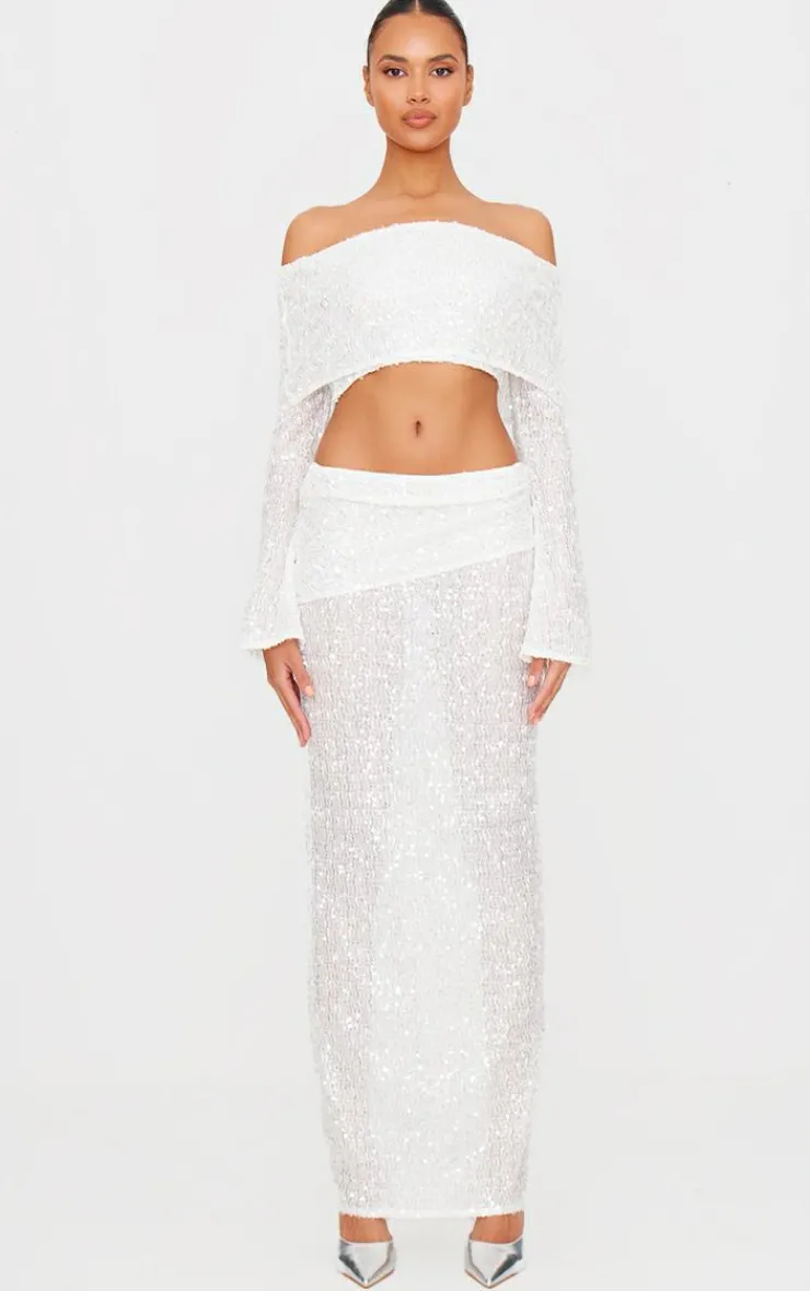 New PrettyLittleThing Textured Sequin Foldover Maxi Skirt White
