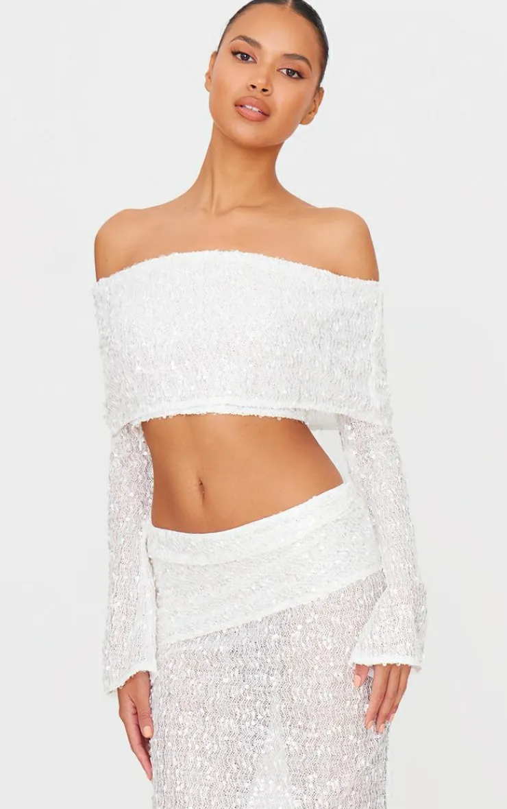 New PrettyLittleThing Textured Sequin Foldover Maxi Skirt White