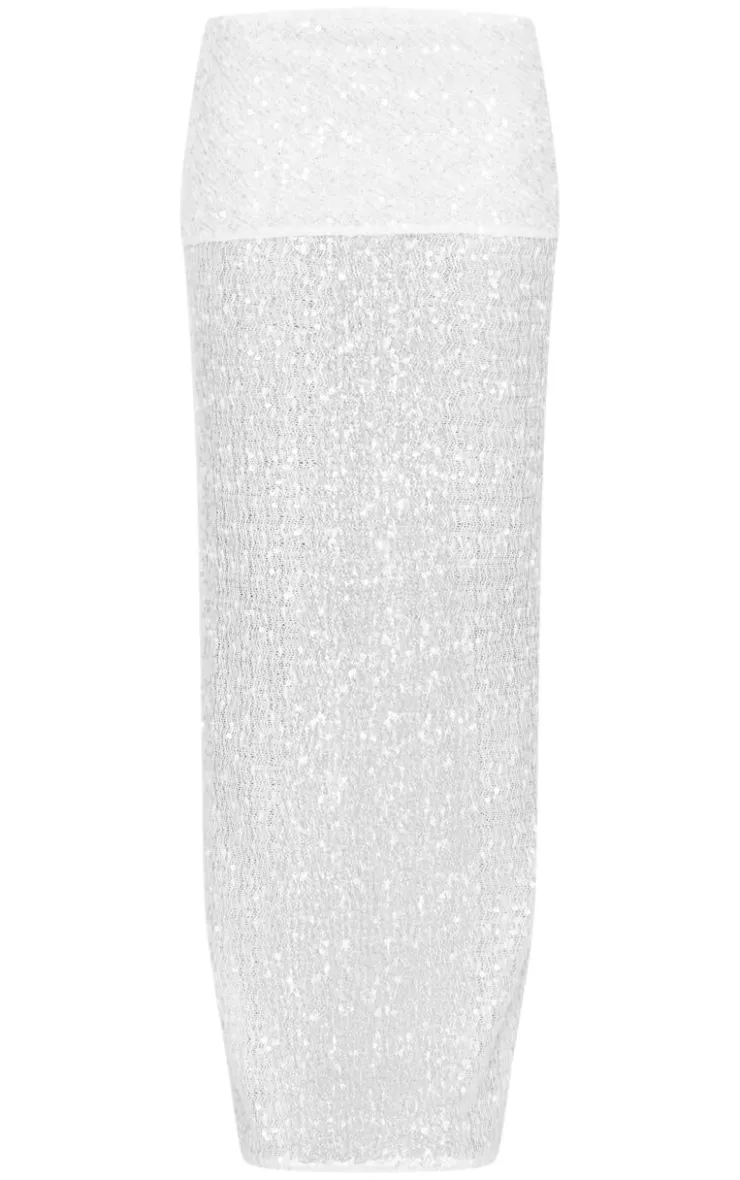 New PrettyLittleThing Textured Sequin Foldover Maxi Skirt White