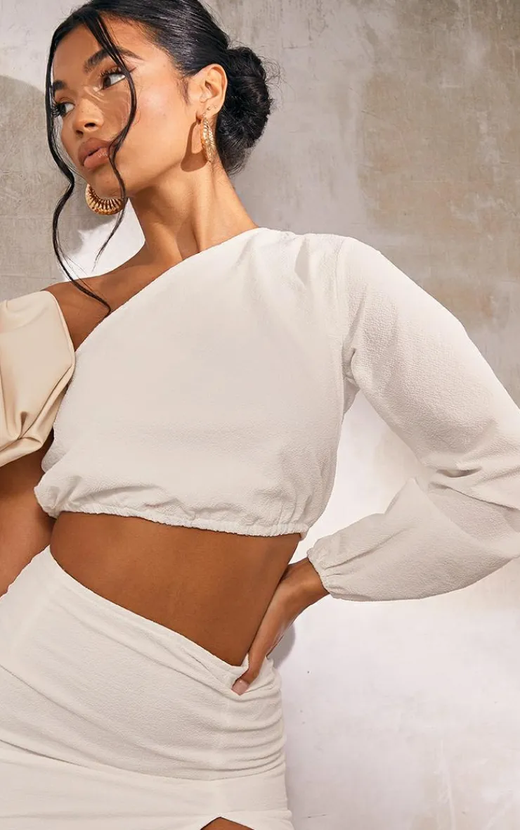 Sale PrettyLittleThing Textured Woven One Shoulder Crop Top White