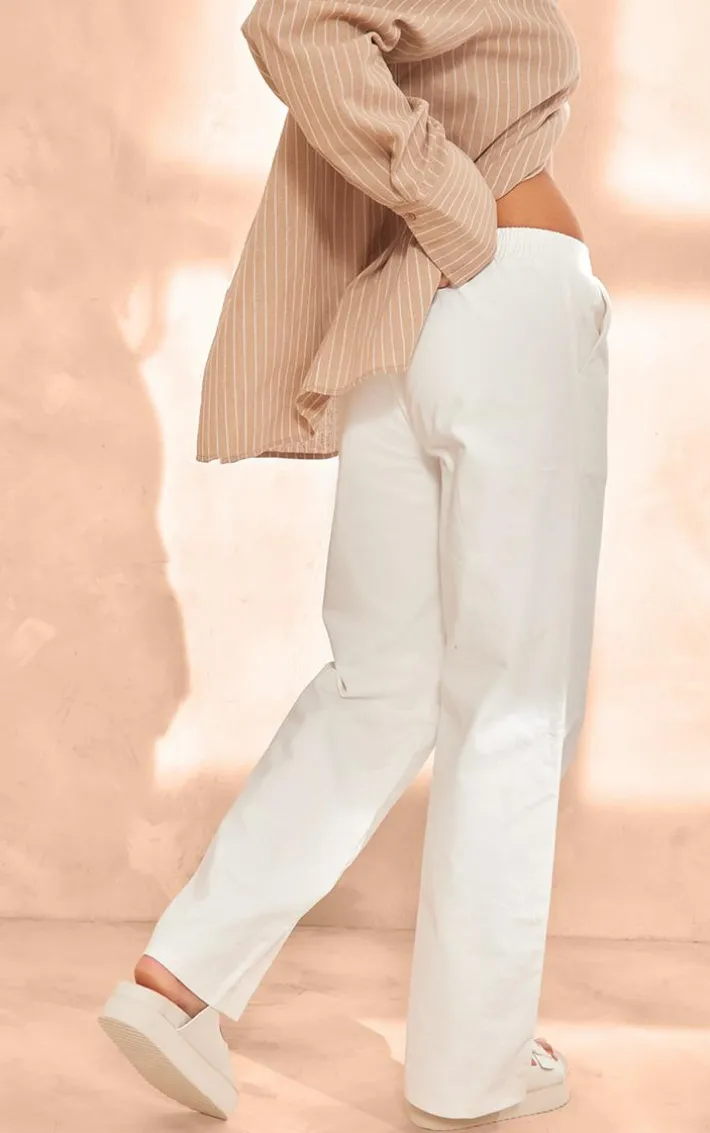 White Twill Elasticated Waist Straight Leg Pants