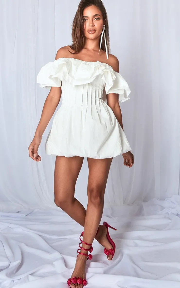 Woven Extreme Puff Bardot Shift Dress-PrettyLittleThing Online