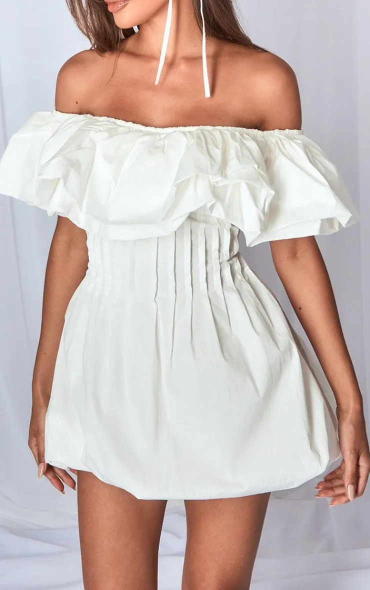 Woven Extreme Puff Bardot Shift Dress-PrettyLittleThing Online
