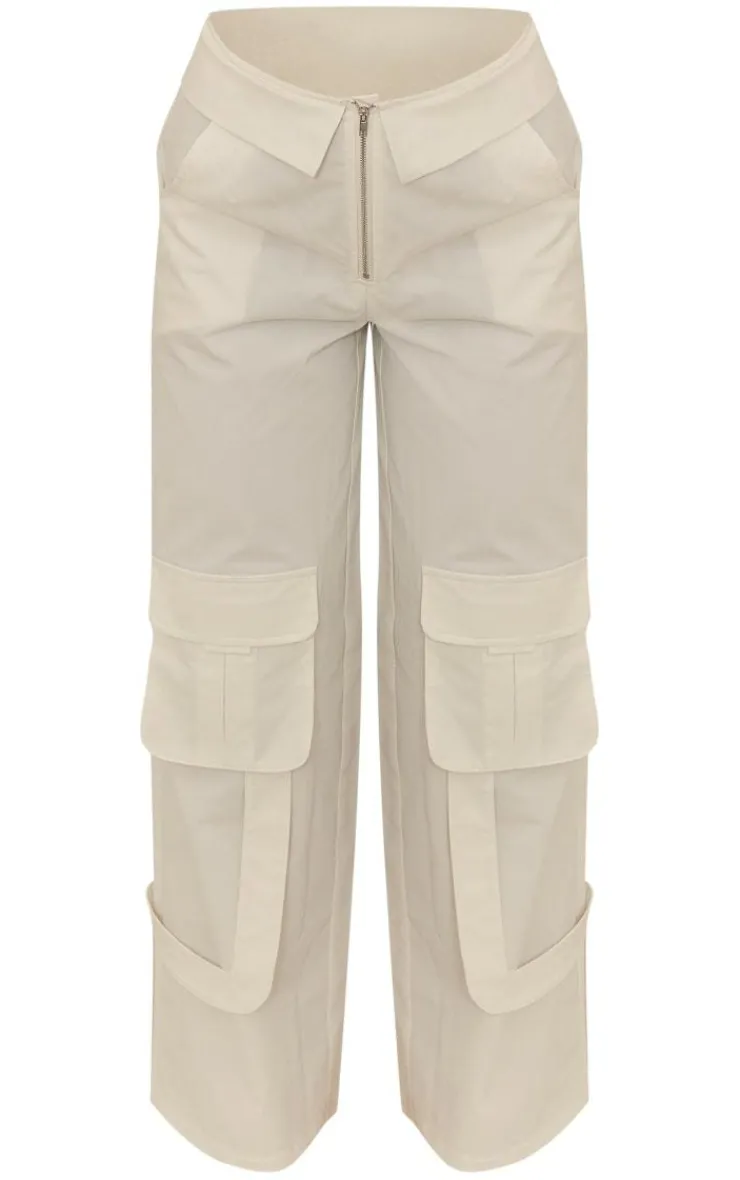 Discount PrettyLittleThing Woven Foldover Waist Zip Front Cargos White