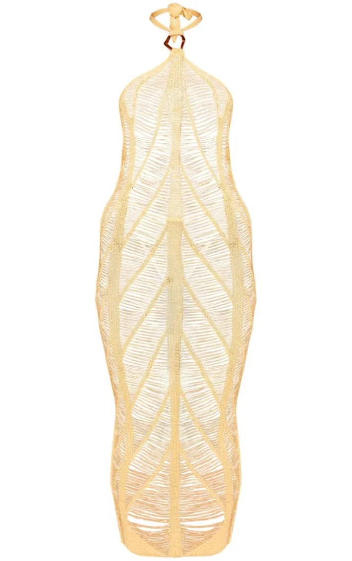 Yellow Laddered Crochet Gold Trim Maxi Beach Dress